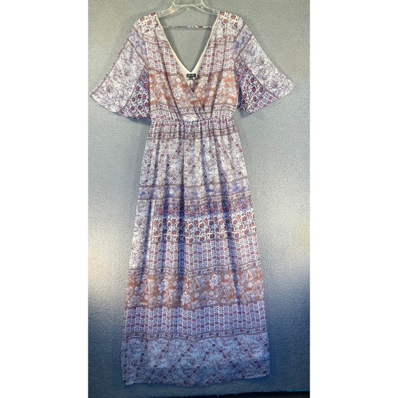 Lily Rose Dresses & Skirts - Lily Rose Maxi Dress Womens Medium Beige Blue Floral Boho Lined V Neck Babydoll